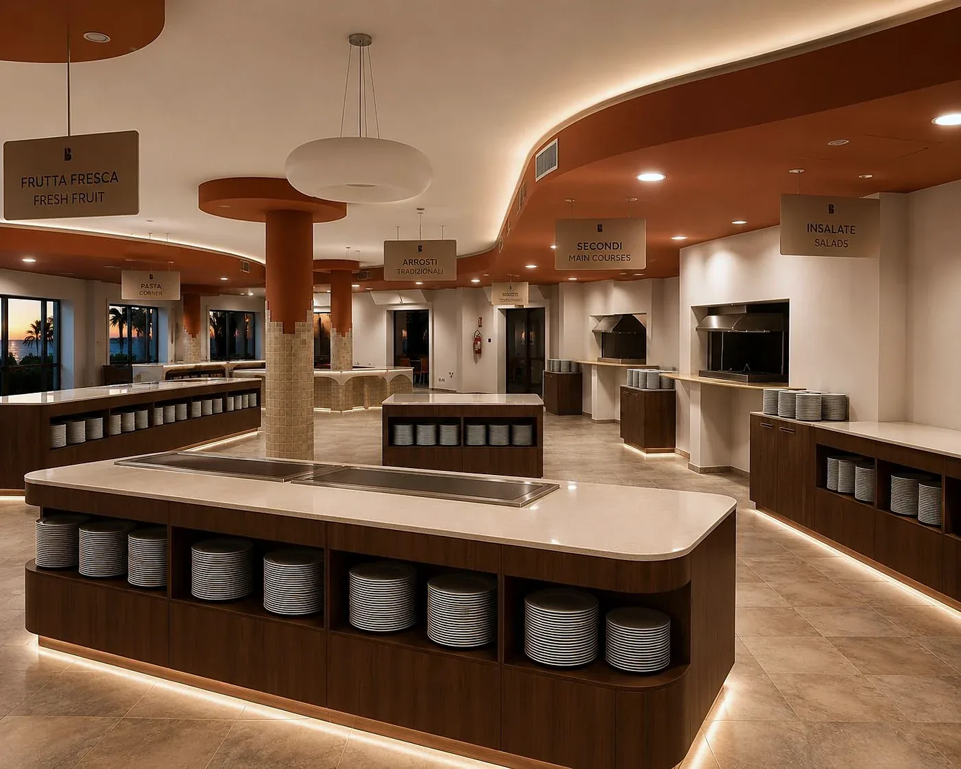 Sala del buffet con le isole di servizio e le insegne sospese sopra ogni postazione